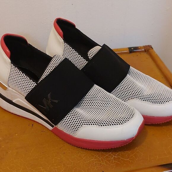 MK Michael Kors Sneakers slip on shoes white black & pink with heel - Picture 1 of 7